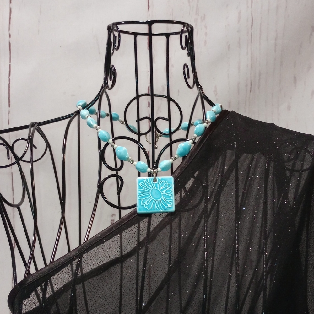 Blue Flower Ceramic Bead Necklace - Picture 2 of 14